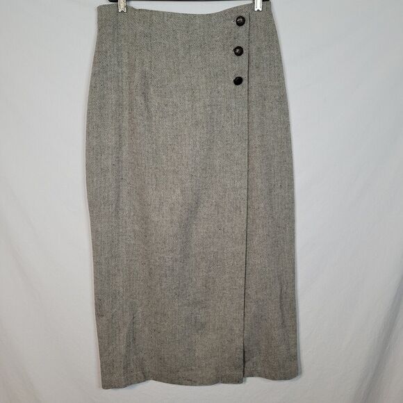 MJ Carroll Herringbone Tweed Button Wrap Classic Midi Skirt Wool Blend Size 12 - Picture 1 of 8